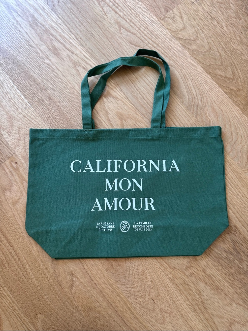 Sezane Green Canvas Tote with 'California Mon Amour' Print, brand new